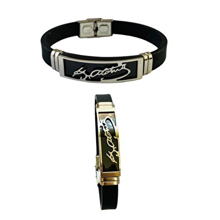 Siyah Atatürk İmzalı Çelik Ve Deri Kombin Erkek Bileklik