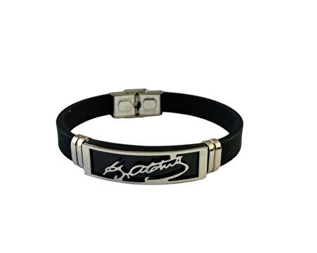 Siyah Atatürk İmzalı Çelik Ve Deri Kombin Erkek Bileklik