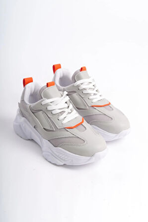 TOKYO Bağcıklı Ortopedik Taban Triko Detaylı Kadın Spor Ayakkabı  TBT - Gri/Turuncu