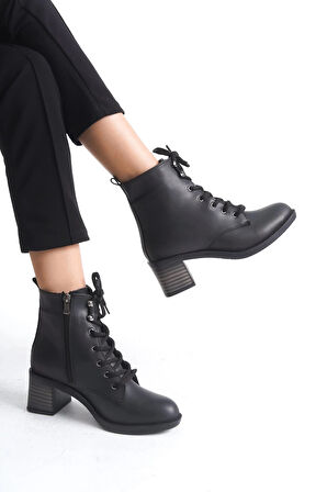 LENA Bağcıklı Fermuarlı Ortopedik Taban Topuklu Kadın Bot  CST - Siyah
