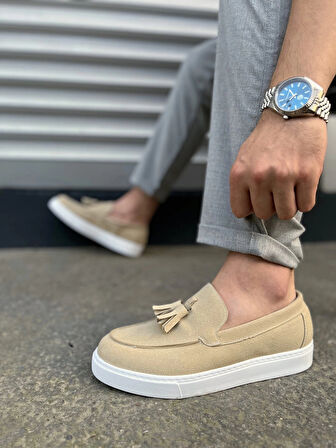 JY153 Bloom Bağcıksız Püsküllü Süet Erkek Günlük Spor Klasik Ayakkabı SBT - Krem