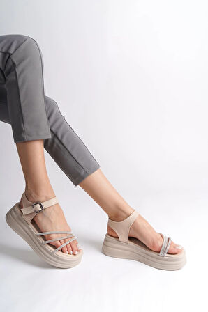 EVA Kalın Tokalı Taşlı Şeritli Ortopedik Taban Kadın Sandalet  CKT - Krem