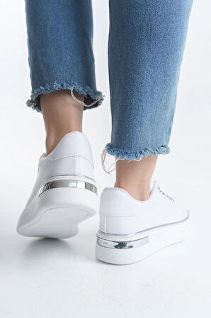 MINA Bağcıklı Ortopedik Taban Kadın Sneaker Spor Ayakkabı  CBT - Beyaz/Gümüş