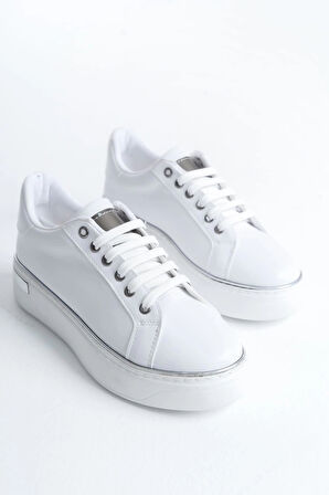 MINA Bağcıklı Ortopedik Taban Kadın Sneaker Spor Ayakkabı  CBT - Beyaz/Gümüş