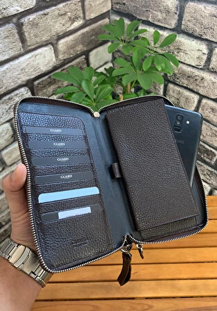 Guard Çift Fermuarlı Kahverengi Deri El Çantası