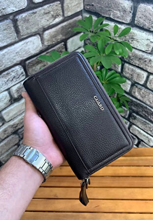 Guard Çift Fermuarlı Kahverengi Deri El Çantası