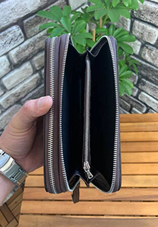 Guard Çift Fermuarlı Kahverengi Deri El Çantası