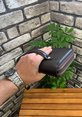 Guard Çift Fermuarlı Kahverengi Deri El Çantası