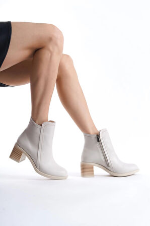 LARISSA Fermuarlı Ortopedik Taban Topuklu Kadın Bot  CKT - Krem