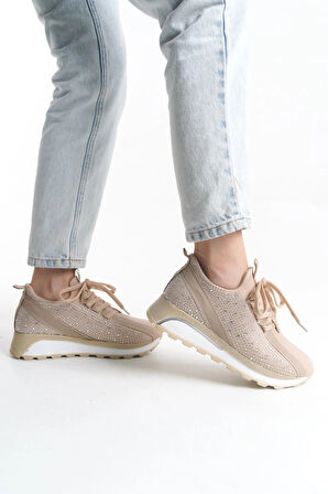 ALYA Bağcıklı Ortopedik Taban Taşlı Kadın Sneaker Spor Ayakkabı CBT - Krem