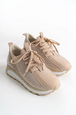 ALYA Bağcıklı Ortopedik Taban Taşlı Kadın Sneaker Spor Ayakkabı CBT - Krem