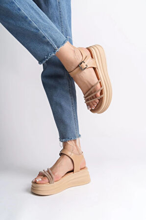 EVA Kalın Tokalı Taşlı Şeritli Ortopedik Taban Kadın Sandalet  CTT - Ten