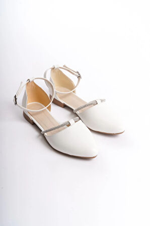 MONICA Tokalı Ortopedik Rahat Taban Taş Detaylı Kadın Babet Ayakkabı  CKT - Beyaz