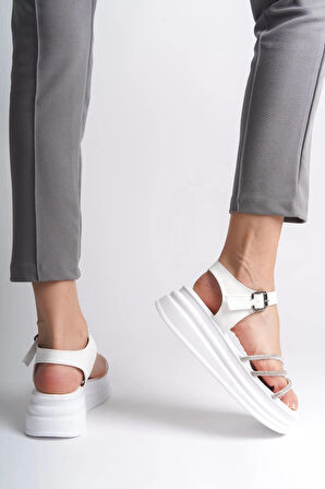 EVA Kalın Tokalı Taşlı Şeritli Ortopedik Taban Kadın Sandalet  CBT - Beyaz