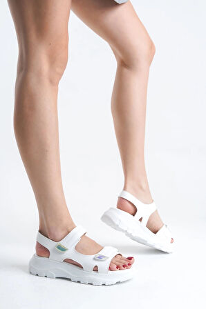 LAMIA Cırt Cırtlı Ortopedik Taban Kadın Sandalet CBT - Beyaz