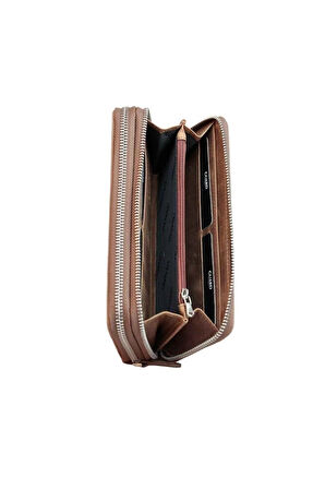 Guard Çift Fermuarlı Crazy Taba Deri El Çantası