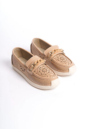 LIZY Bağcıksız Ortopedik Rahat Taban Çiçek Desenli Kadın Babet Ayakkabı CKT - Ten