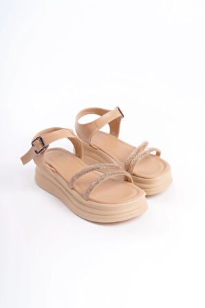 ZLOHE Kalın Tokalı Taşlı Şeritli Ortopedik Taban Kadın Sandalet CTT - Ten