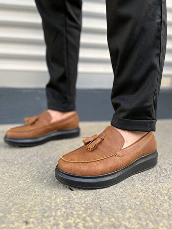 JY154 Blaze Bağcıksız Püsküllü Cilt Erkek Günlük Spor Klasik Ayakkabı CST - Taba