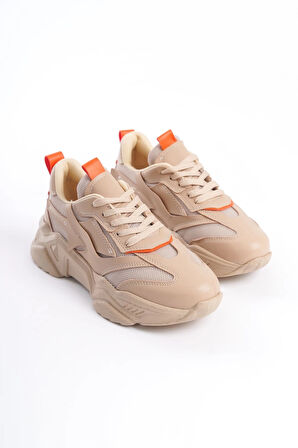 TOKYO Bağcıklı Ortopedik Taban Triko Detaylı Kadın Spor Ayakkabı  TTT - Ten/Turuncu