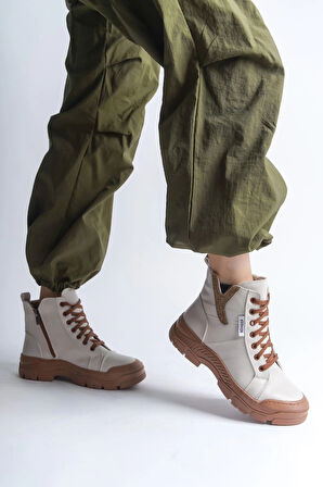 AMBER Bağcıklı Fermuarlı Ortopedik Taban Kadın Bot  CTT - Krem