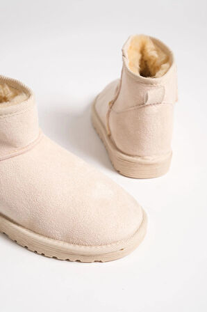 JOLIE Bağcıksız Düz Taban İçi Kürklü Kısa Süet Kadın Bot SKT - Krem