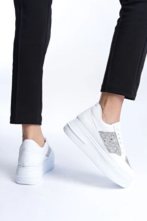 MIPA Bağcıklı Ortopedik Taban Simli Kadın Sneaker Spor Ayakkabı  CBT - Beyaz