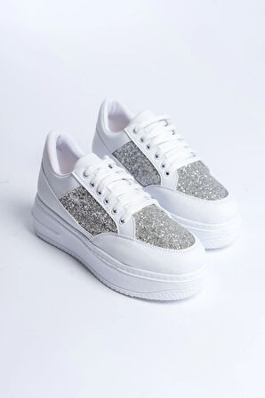 MIPA Bağcıklı Ortopedik Taban Simli Kadın Sneaker Spor Ayakkabı  CBT - Beyaz