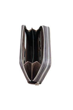 Guard Çift Fermuarlı Crazy Kahve Deri El Çantası