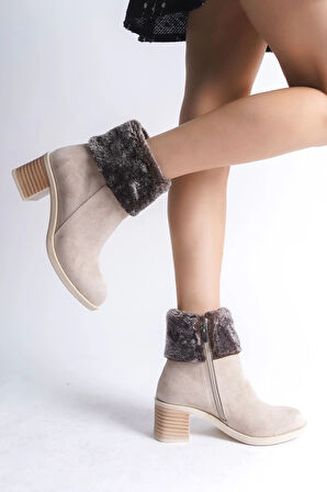 KATYA Fermuarlı Ortopedik Taban Topuklu Kürk Detaylı Süet Kadın Bot  STT - Ten