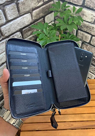 Guard Çift Fermuarlı Lacivert Deri El Çantası