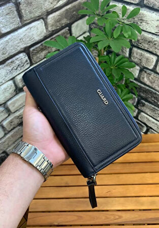 Guard Çift Fermuarlı Lacivert Deri El Çantası