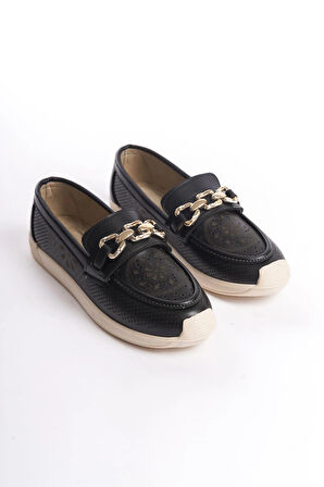 LAYLA Bağcıksız Ortopedik Rahat Taban Çiçek Desenli Kadın Babet Ayakkabı  CKT - Siyah