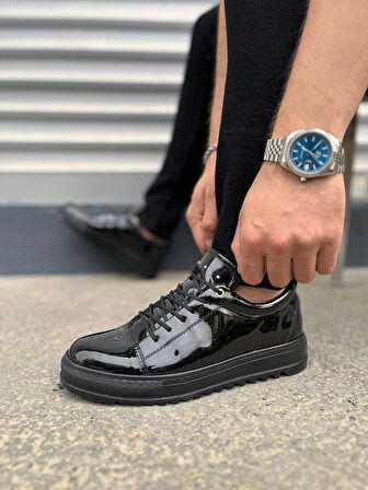 JY152 Cool Bağcıklı Rugan Erkek Günlük Spor Klasik Ayakkabı RST - Siyah