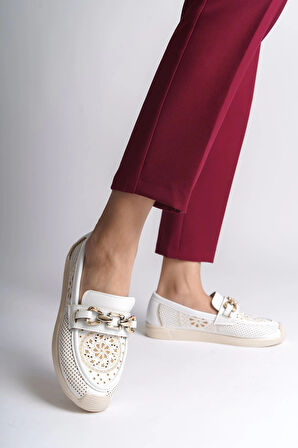 LAYLA Bağcıksız Ortopedik Rahat Taban Çiçek Desenli Kadın Babet Ayakkabı  CKT - Beyaz