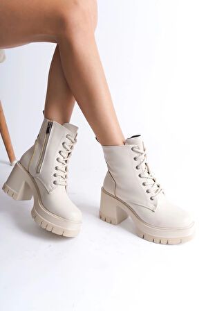LAUREN Bağcıklı Fermuarlı Ortopedik Taban Topuklu Kadın Bot  CKT - Krem