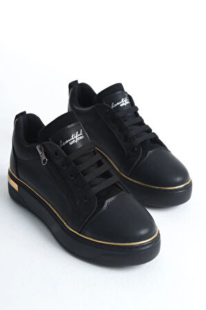 DINA Bağcıklı Fermuarlı Ortopedik Taban Kadın Sneaker Spor Ayakkabı  CST - Siyah/Altın