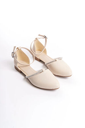 MONICA Tokalı Ortopedik Rahat Taban Taş Detaylı Kadın Babet Ayakkabı  CKT - Krem