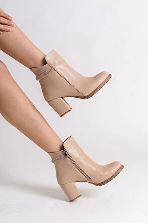 LIA Fermuarlı Ortopedik Taban Taşlı Topuklu Kadın Bot CTT - Ten