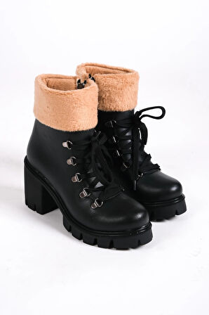 EMMA Bağcıklı Fermuarlı Ortopedik Taban Topuklu Kürk DetaylıKadın Bot  CST - Siyah