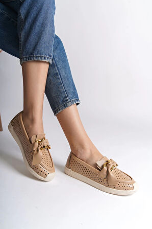 LYDIA Bağcıksız Ortopedik Rahat Taban Kalp Desenli Kadın Babet Ayakkabı CKT - Ten