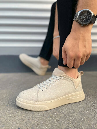JY204 Flex Bağcıklı Keten Kumaş Erkek Günlük Sneaker Ayakkabı KKT - Krem