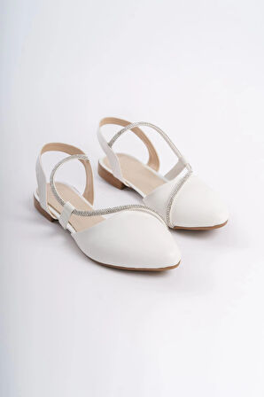 HANNAH Lastikli Ortopedik Rahat Taban Taş Detaylı Kadın Babet Ayakkabı  CKT - Beyaz