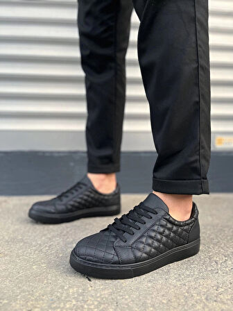 JY166 Prestige Bağcıklı Cilt Kapitone Desenli Erkek Günlük Sneaker Ayakkabı CST - Siyah