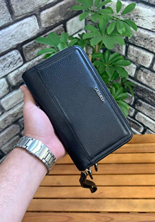 Guard Çift Fermuarlı Siyah Deri El Çantası