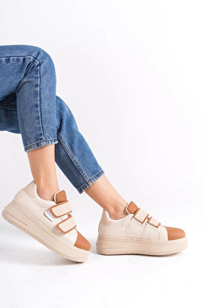 VALENCIA Bağcıksız Cırt Cırtlı Ortopedik Taban Kadın Sneaker Spor Ayakkabı CTT - Ten/Kahve