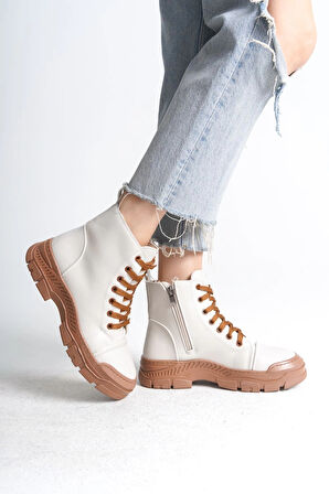 BLOOM Bağcıklı Fermuarlı Ortopedik Taban Kadın Bot  CTT - Krem