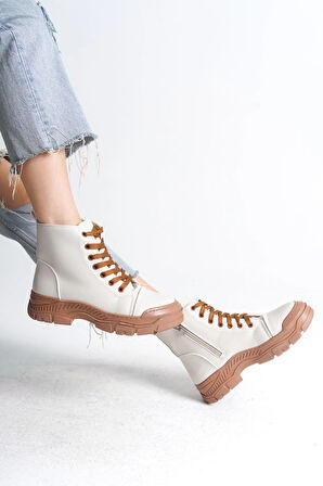 BLOOM Bağcıklı Fermuarlı Ortopedik Taban Kadın Bot  CTT - Krem