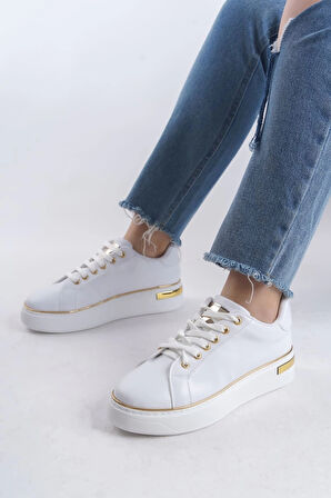 MINA Bağcıklı Ortopedik Taban Kadın Sneaker Spor Ayakkabı  CBT - Beyaz/Altın