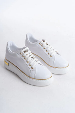 MINA Bağcıklı Ortopedik Taban Kadın Sneaker Spor Ayakkabı  CBT - Beyaz/Altın